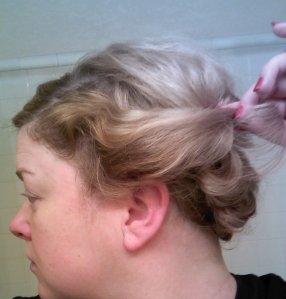 Careful not to pull so tightly that I pulled out my finger waves, I swept those side sections to the back middle of my head and secured them as pincurls.
