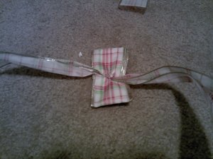 Grab another length of ribbon and tie it so that your knot is right in the middle--that's what your scissor slits were for.