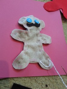 Before starting to stitch him up.  I have no idea what this stitch is called, but it looks like gingerbread icing when it's done.