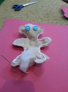 While we were stuffing him, his mustache fell off.  We glued it back on.