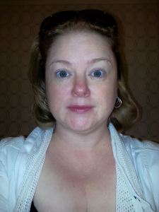 I walked into Blushington looking like this.  And I took this photo (with flash) from an unflattering angle.  The flash gave me a chin.  Yay for chins!